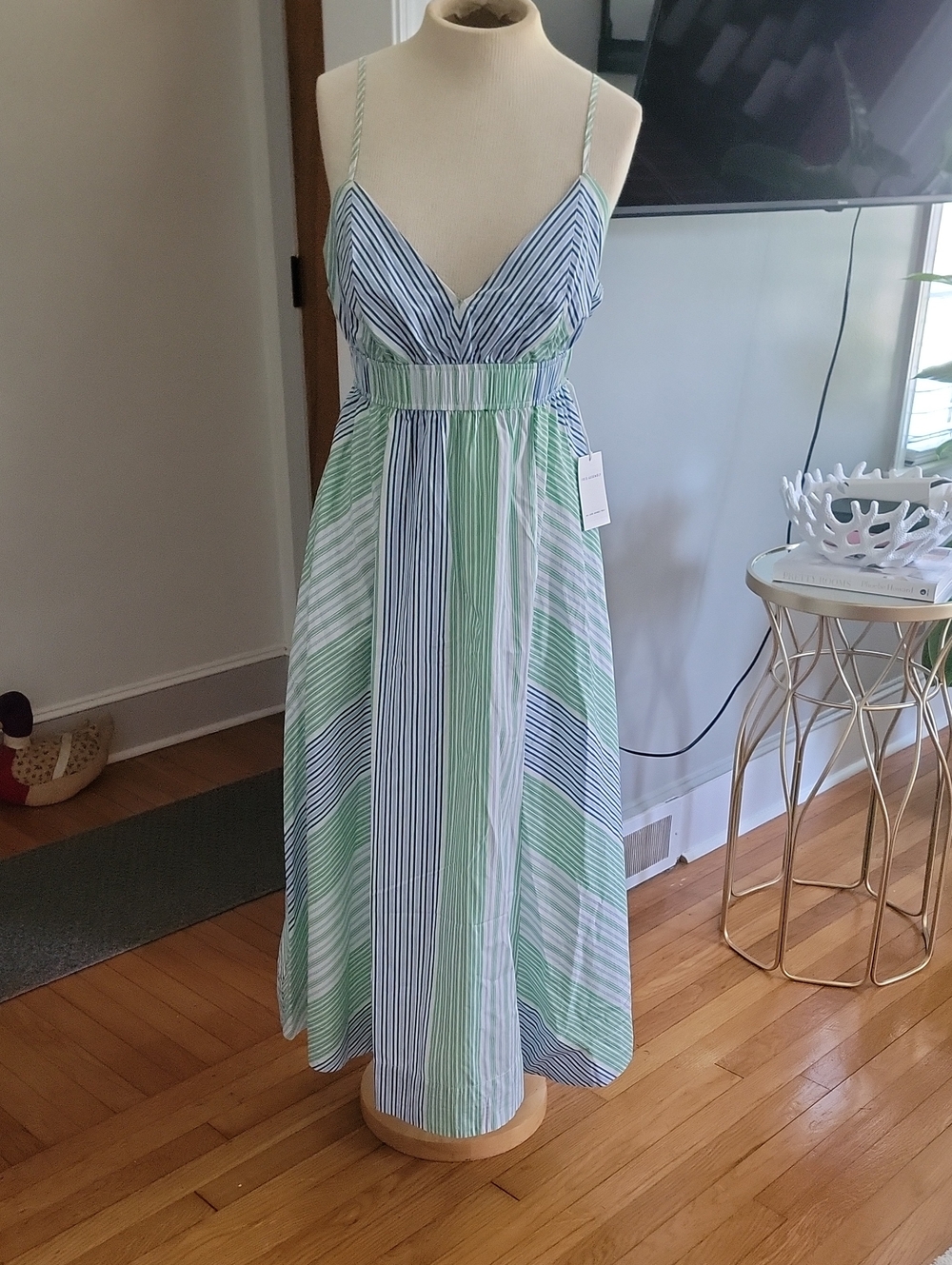 FREE ASSEMBLY Striped V-Neck Maxi Dress in Blue & Green